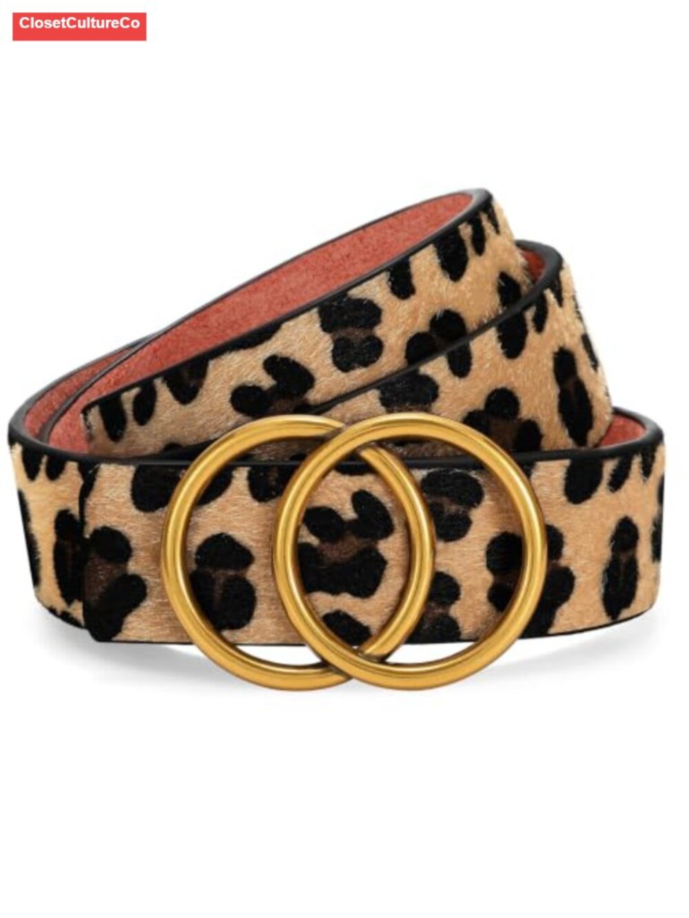 Womens Leather Belt Double Ring Buckle Adjustable Waist Belt for Jeans Pants